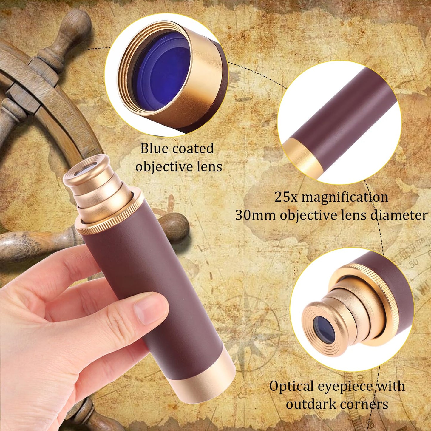 CatemRC Pirate Telescope with Treasure Map & Pocket Compass – 25x30 Collapsible Monocular