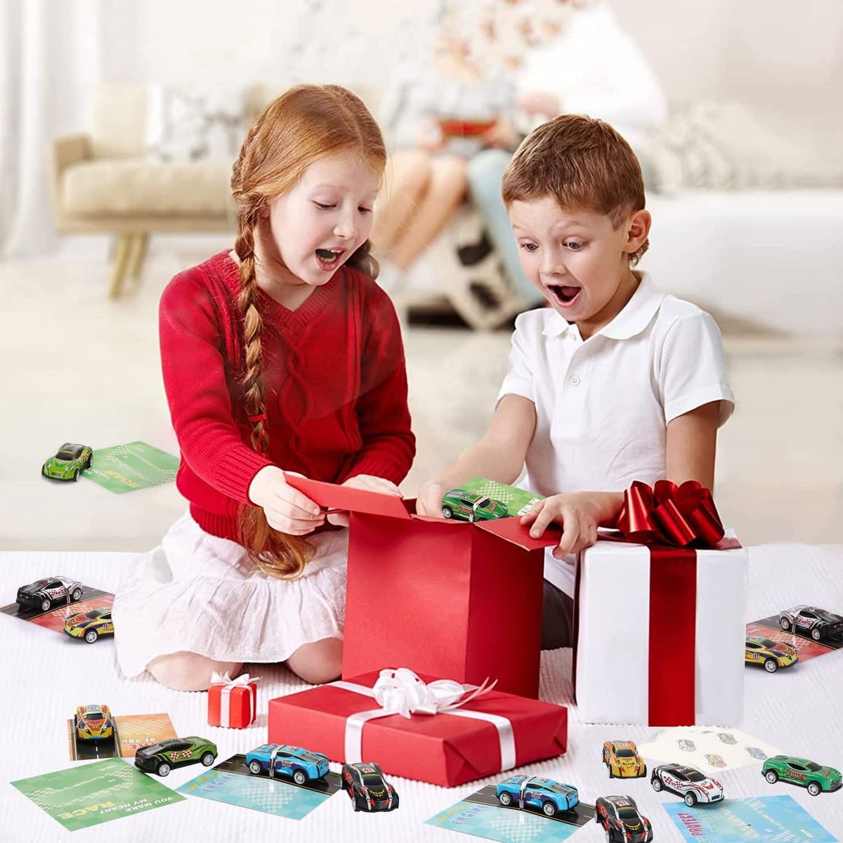 Catnee Valentines Day Cards for Kids – 32 Pack with Pull-Back Cars & Temporary Tattoos