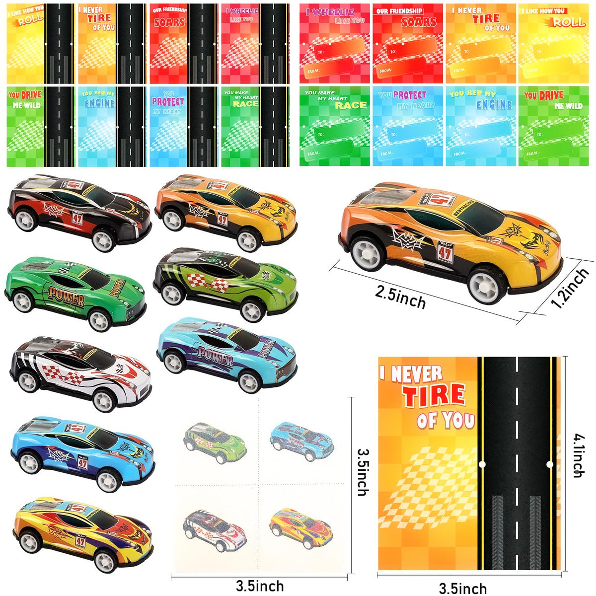Catnee Valentines Day Cards for Kids – 32 Pack with Pull-Back Cars & Temporary Tattoos