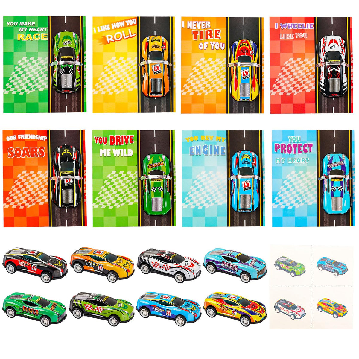 Catnee Valentines Day Cards for Kids – 32 Pack with Pull-Back Cars & Temporary Tattoos