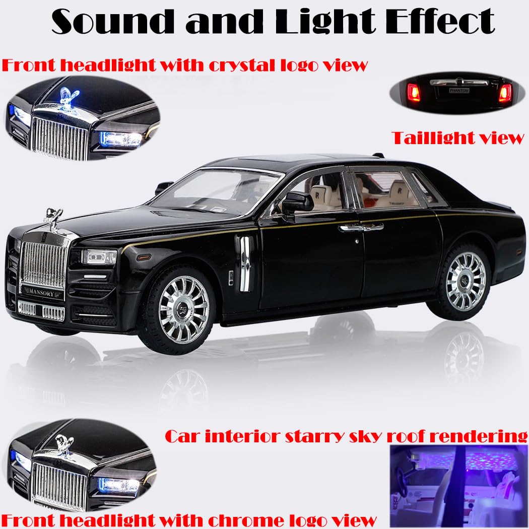 Catovie Rolls-Royce Phantom 1/24 Diecast Car with Sound & Light – Black Alloy Collectible