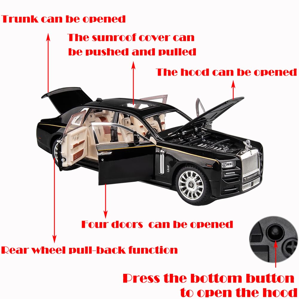 Catovie Rolls-Royce Phantom 1/24 Diecast Car with Sound & Light – Black Alloy Collectible