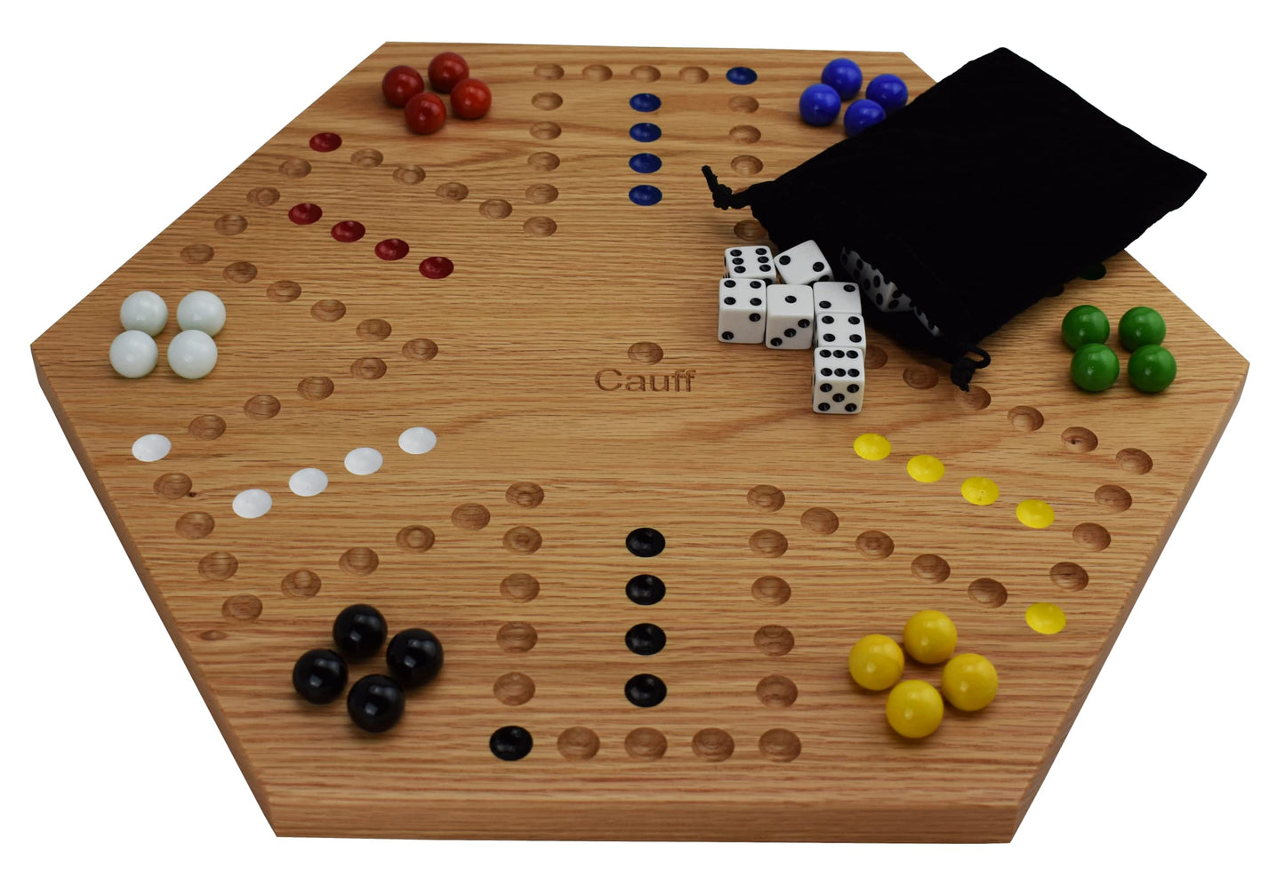 Cauff 20-Inch Solid Oak Marble/Wahoo Board Game — Hand-Finished, Double-Sided, 4 & 6 Players