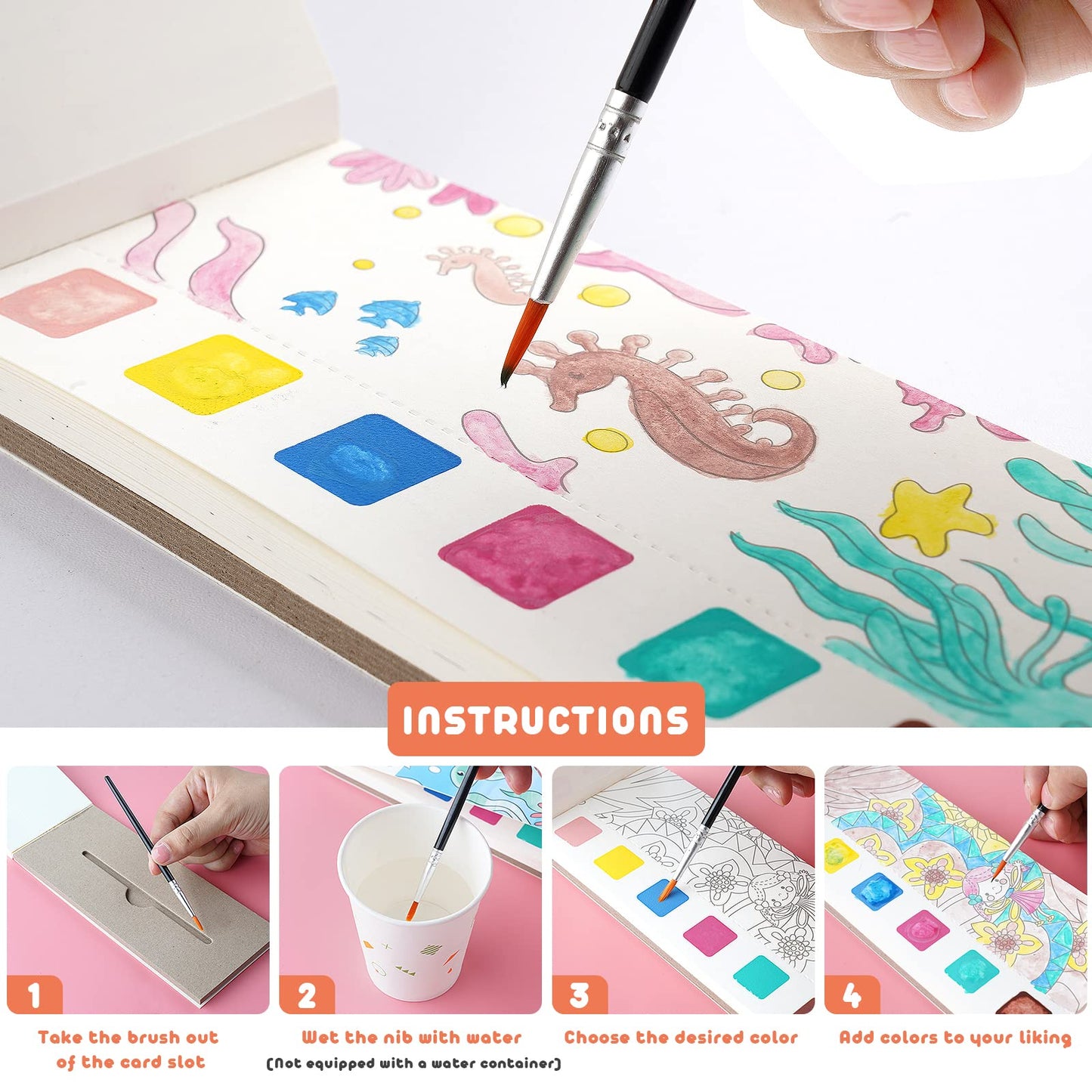 Cavnewt Pocket Watercolor Painting Book – 21 Pages Travel Art Set for Kids Ages 3-8 (Undersea World)