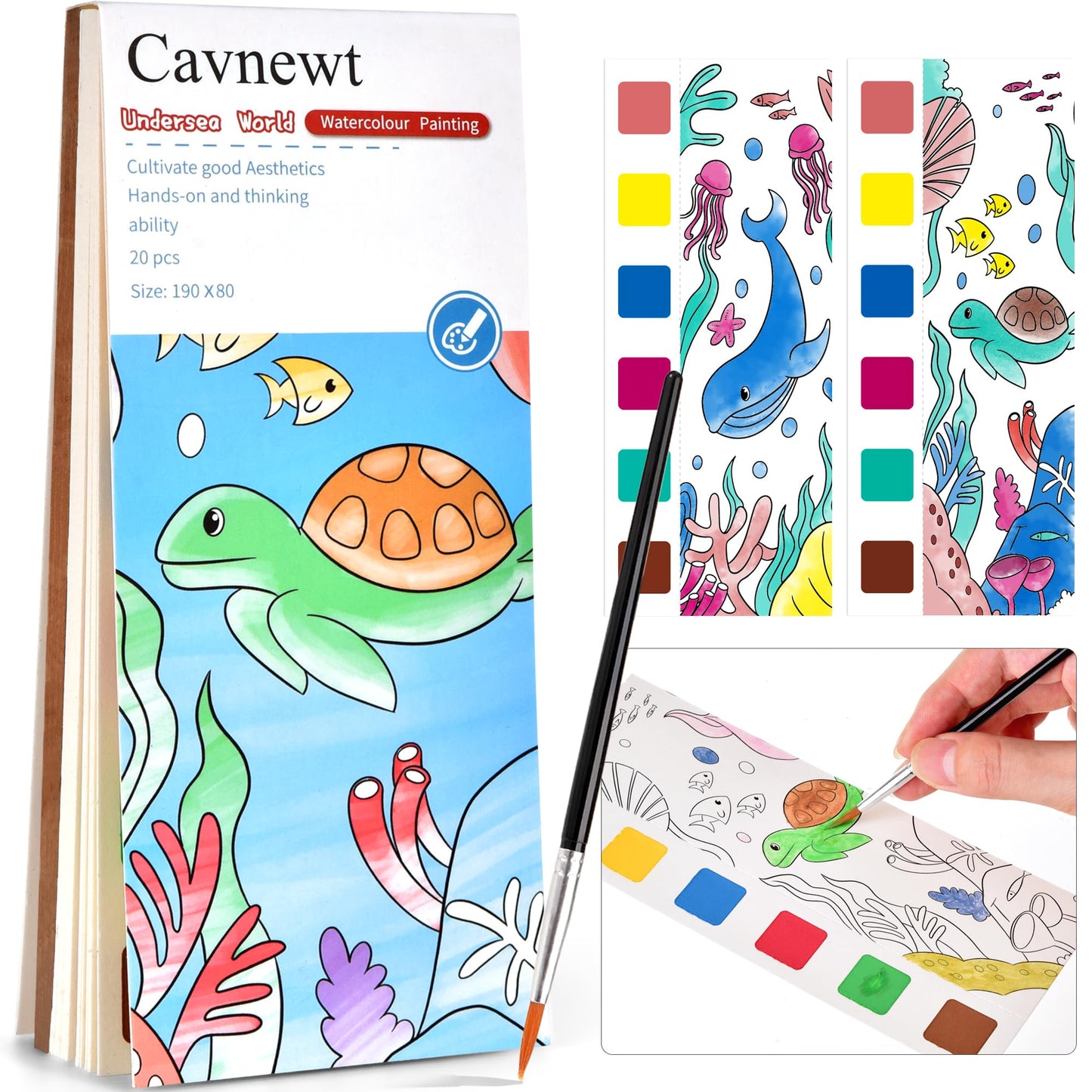 Cavnewt Pocket Watercolor Painting Book – 21 Pages Travel Art Set for Kids Ages 3-8 (Undersea World)