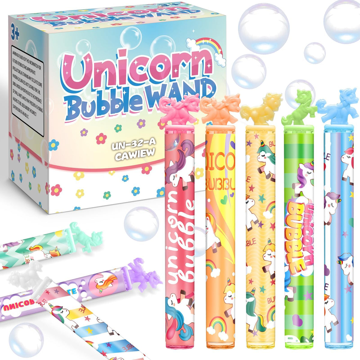 Cawiew 32-Pack Unicorn Bubble Wands with Stickers – Pastel Party Favors