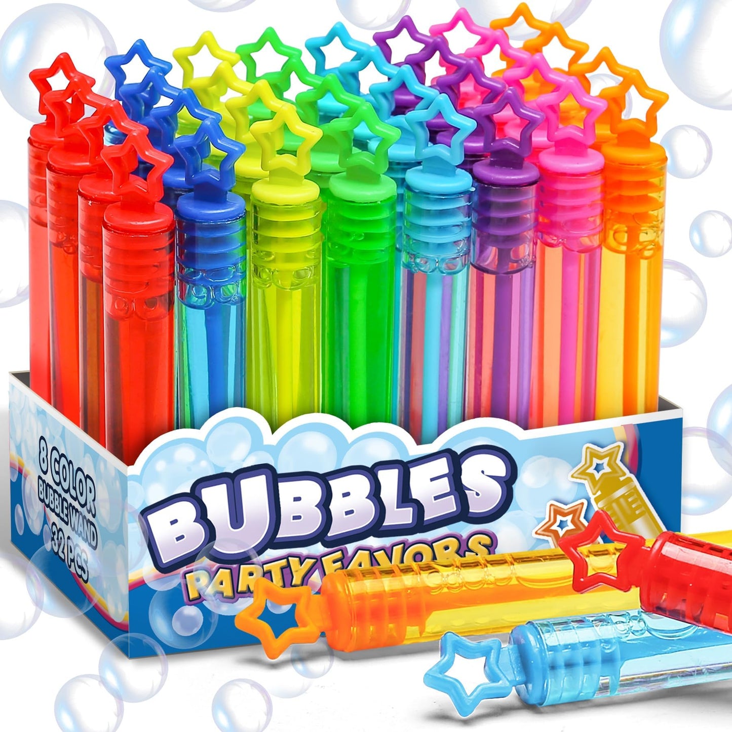 Cawiew 32 Pcs Neon Star Bubble Wands – 8 Colors Gift Box Party Favors for Kids