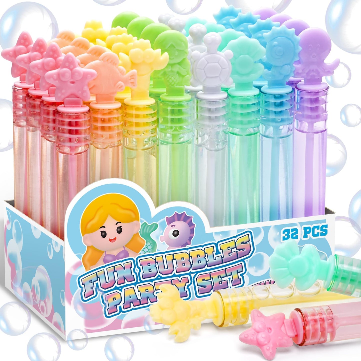 Cawiew 32 Pcs Mermaid Bubbles Set – 8 Pastel Colors, Gift Box & Party Favors