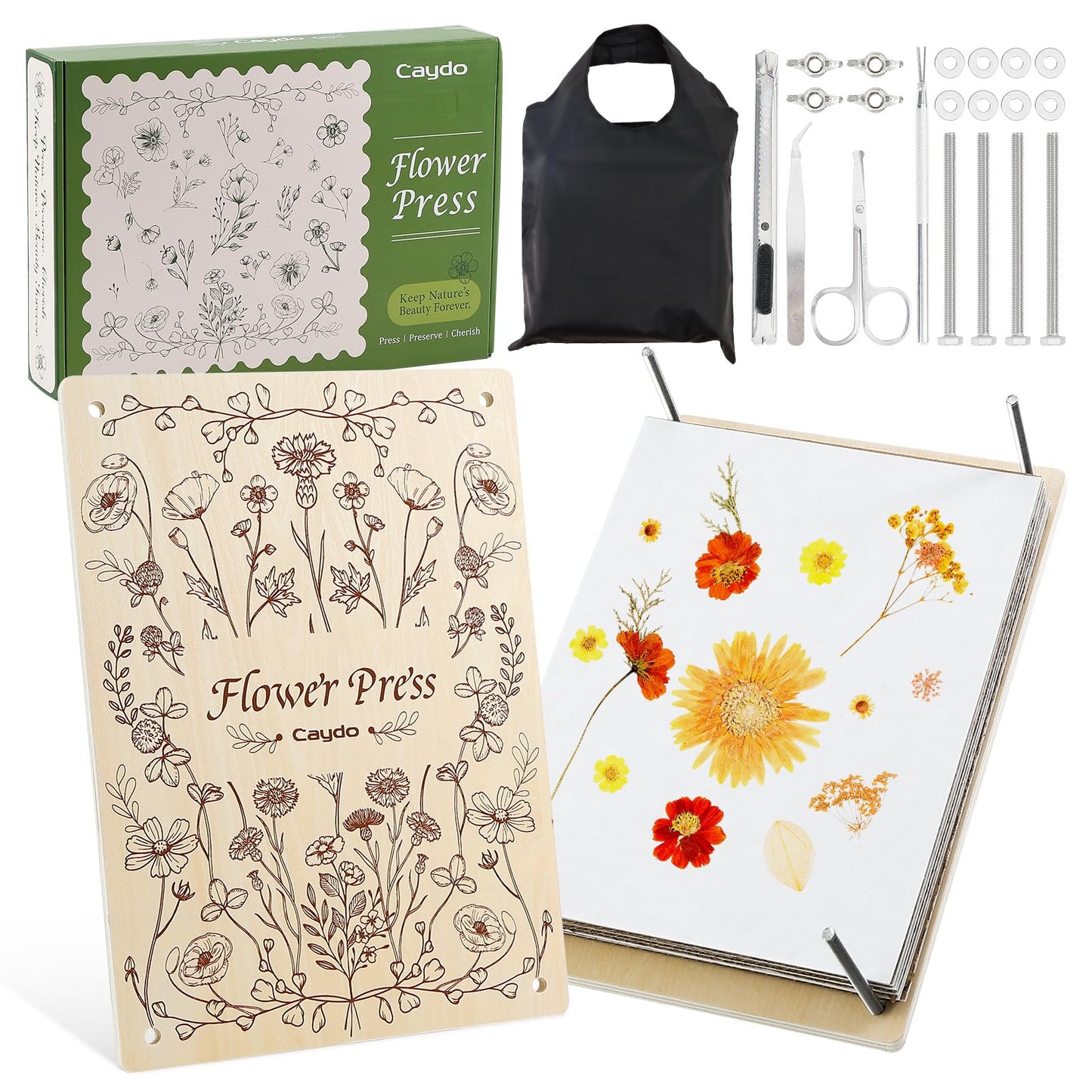 Caydo 11.8 x 8.3 Inch 10-Layer Flower Press Kit – DIY Bookmark Frame, Wooden Press for Preserving Flowers