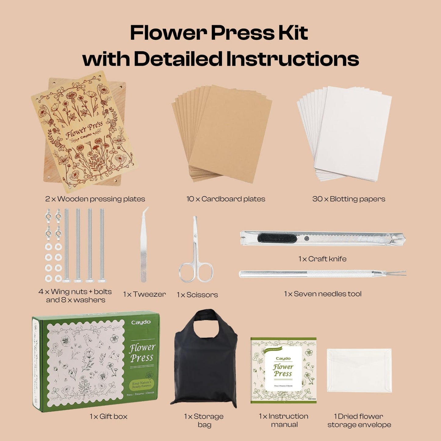 Caydo 11.8 x 8.3 Inch 10-Layer Flower Press Kit – DIY Bookmark Frame, Wooden Press for Preserving Flowers