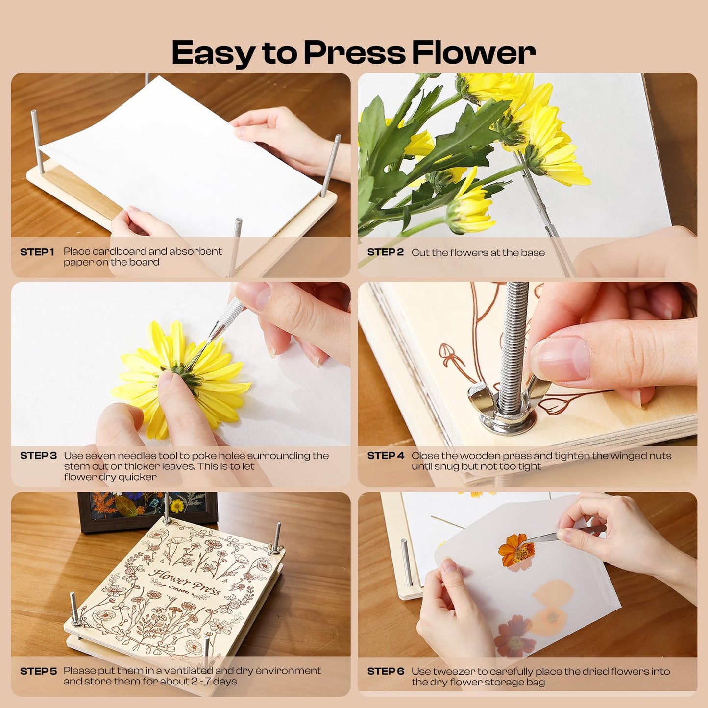 Caydo 11.8 x 8.3 Inch 10-Layer Flower Press Kit – DIY Bookmark Frame, Wooden Press for Preserving Flowers