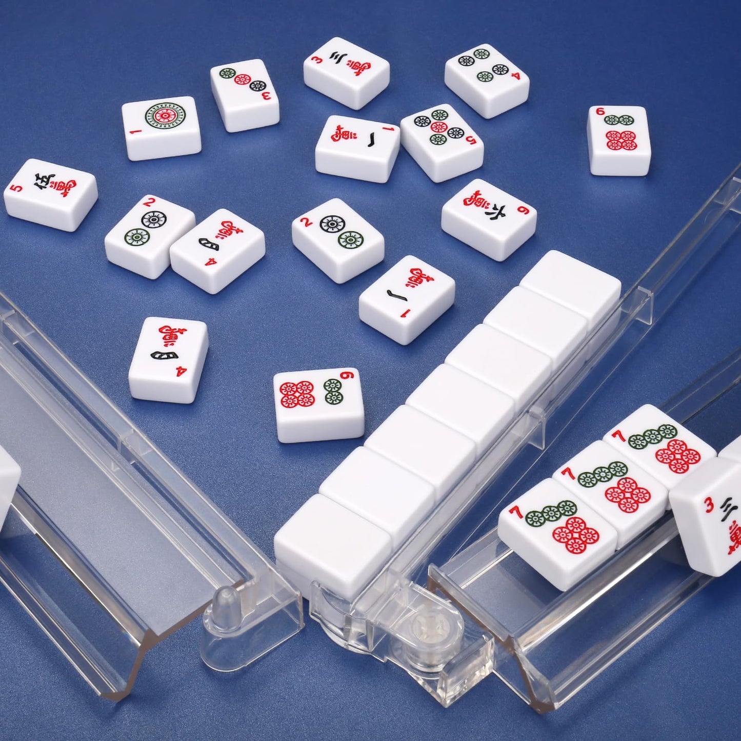 CAYOULR Mahjong Racks with Pushers - 4-Piece Rotating Set (Transparent)