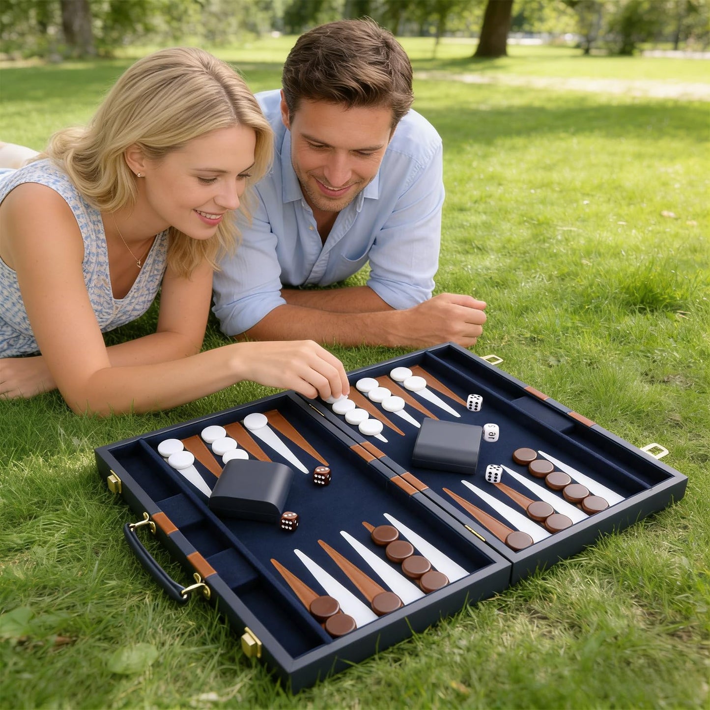 Cayoulr Backgammon Set - Premium Leather Case, 11-Inch Navy, Portable Travel Board Game