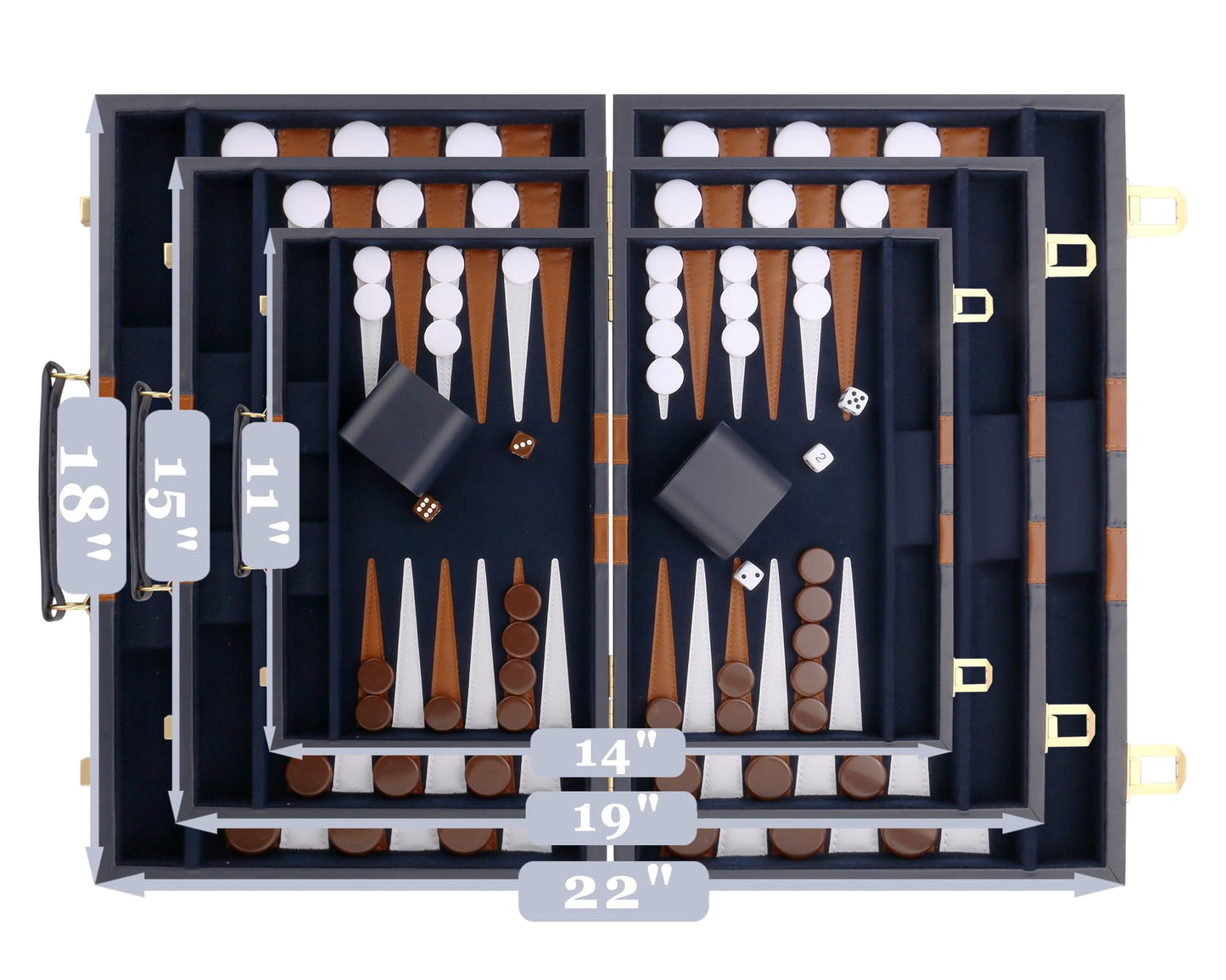 Cayoulr Backgammon Set - Premium Leather Case, 11-Inch Navy, Portable Travel Board Game