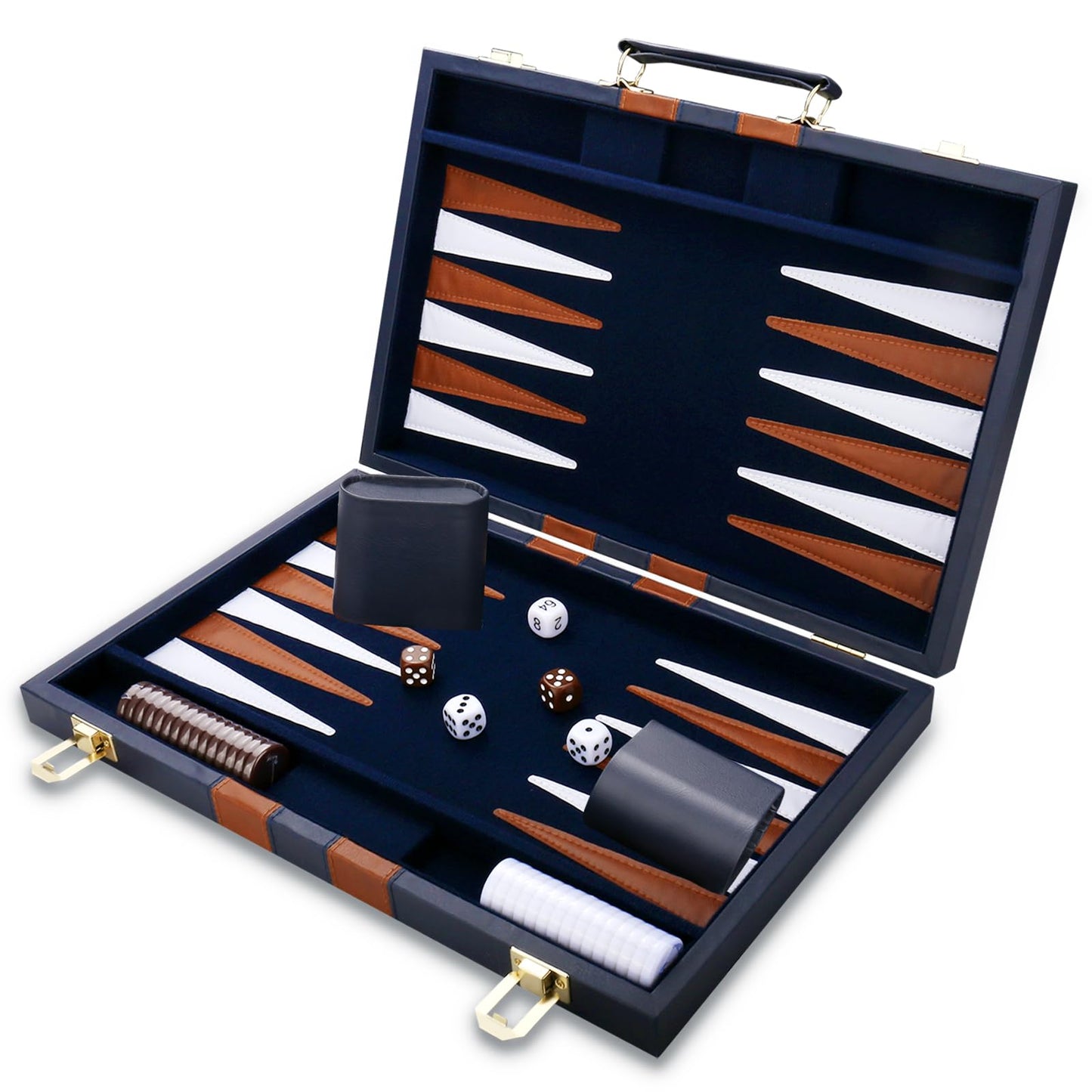 Cayoulr Backgammon Set - Premium Leather Case, 11-Inch Navy, Portable Travel Board Game