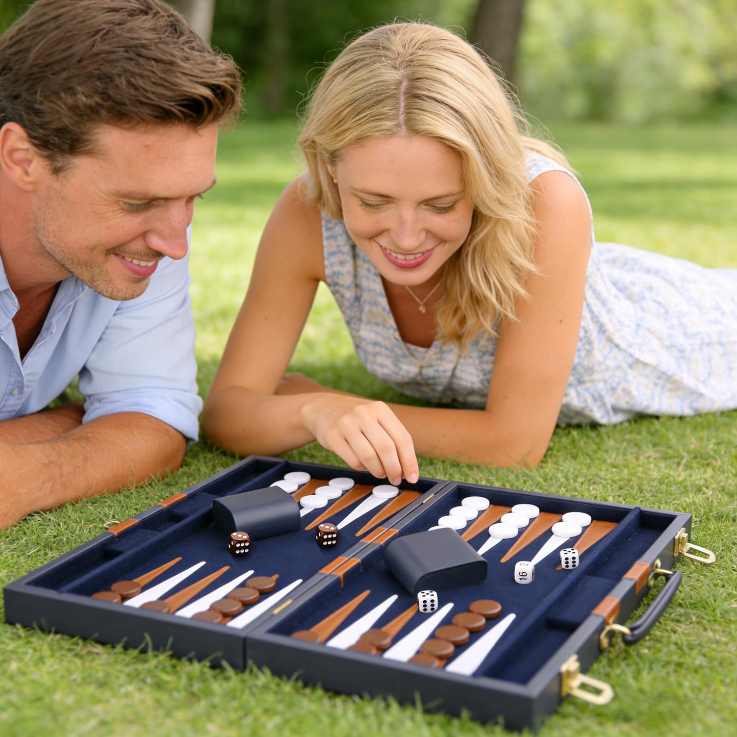 Cayoulr Backgammon Set - Premium Leather Case, 11-Inch Navy, Portable Travel Board Game