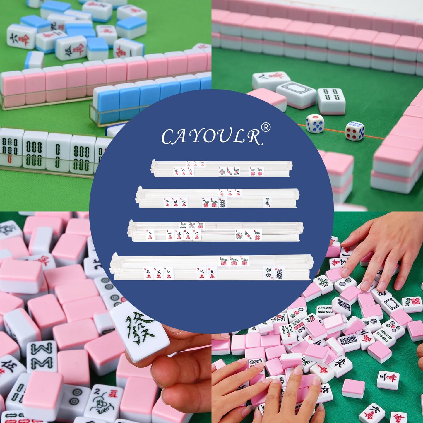 CAYOULR Mahjong Racks with Pushers - 4-Piece Rotating Set (Transparent)