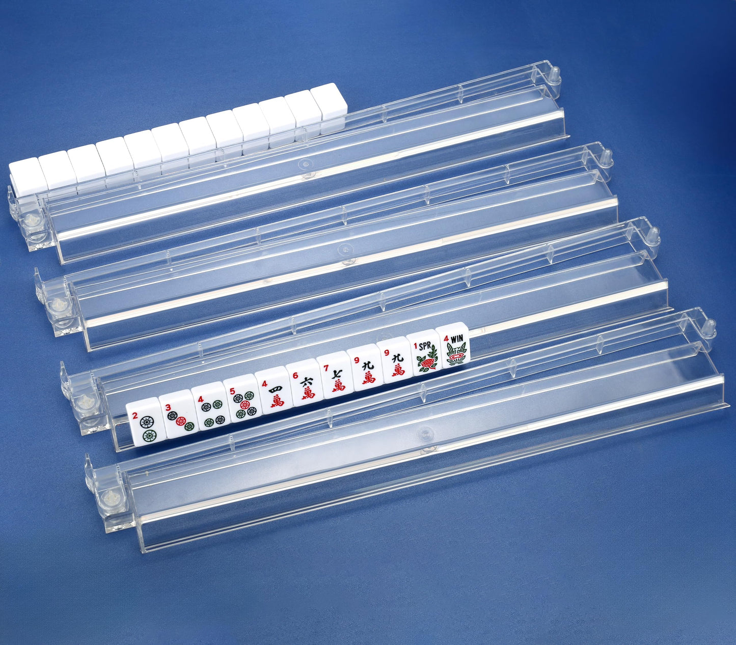 CAYOULR Mahjong Racks with Pushers - 4-Piece Rotating Set (Transparent)