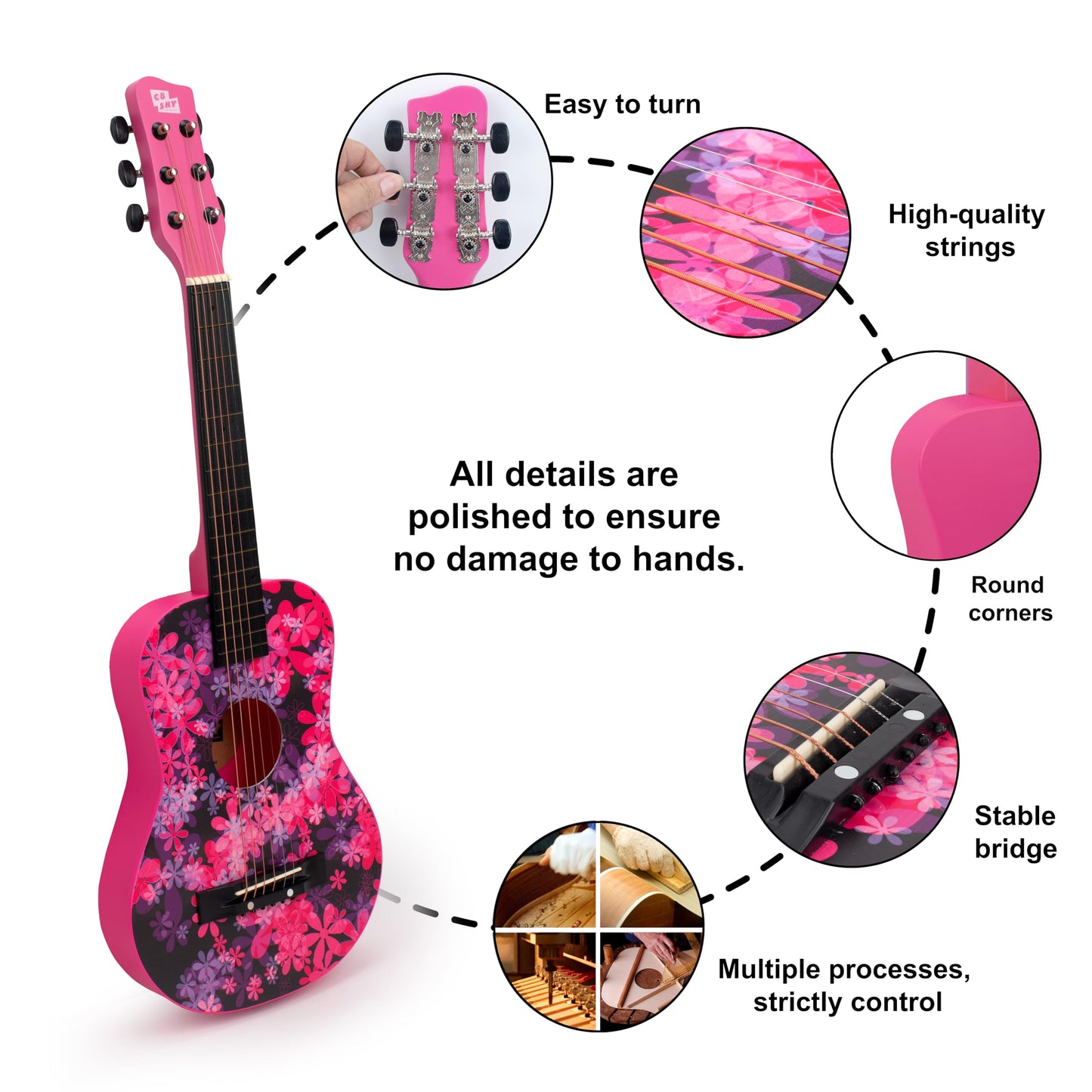 CB SKY 30-Inch Floral Print Acoustic Guitar for Kids – Purplish Red