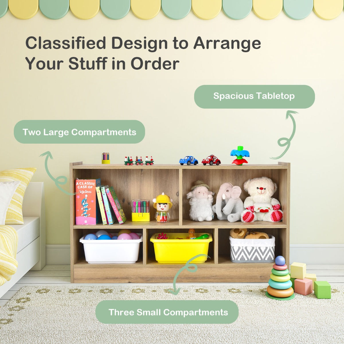2-Tier Wooden Kids Bookcase with 5 Compartments for Playroom Study-Grey