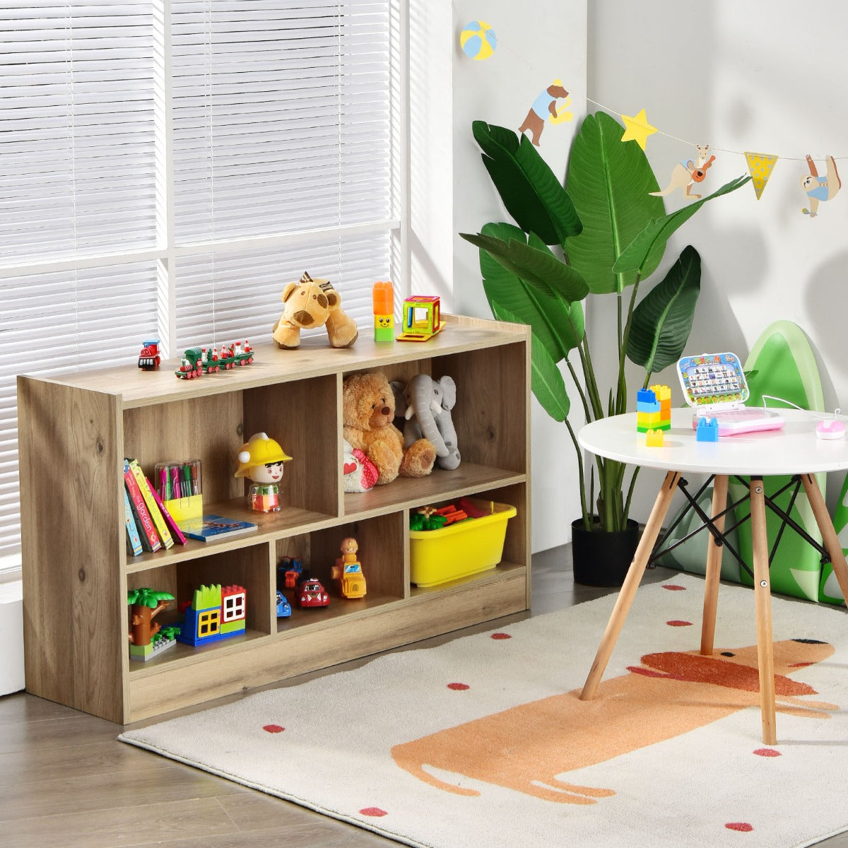2-Tier Wooden Kids Bookcase with 5 Compartments for Playroom Study-Grey