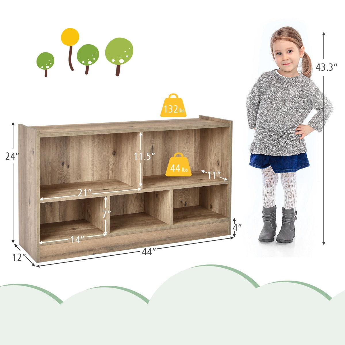 2-Tier Wooden Kids Bookcase with 5 Compartments for Playroom Study-Grey