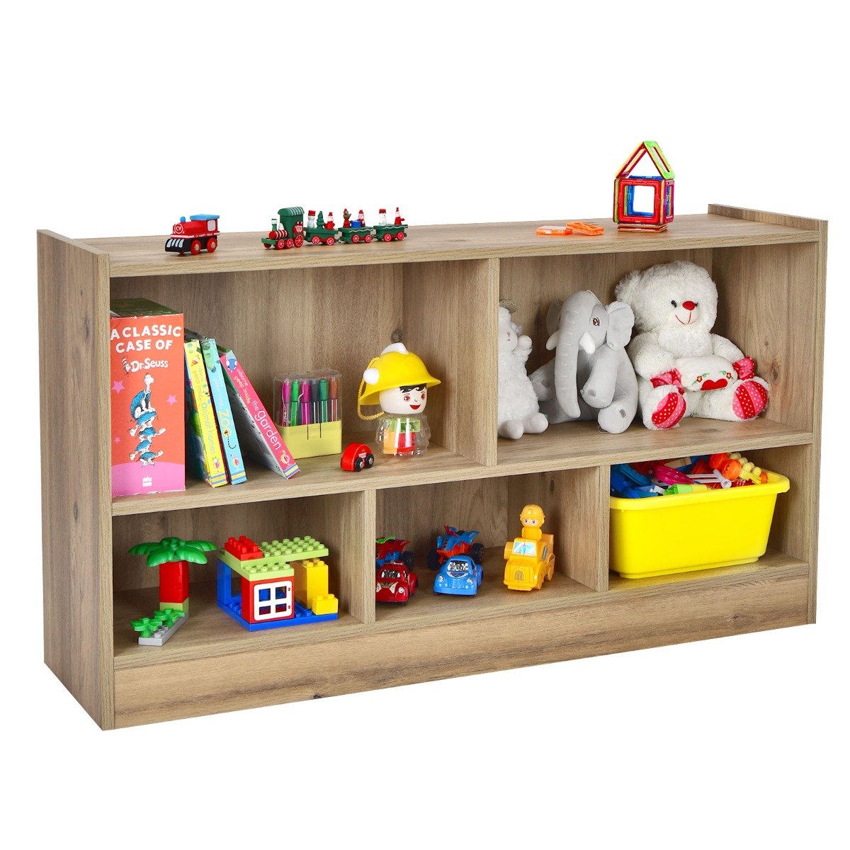 2-Tier Wooden Kids Bookcase with 5 Compartments for Playroom Study-Grey