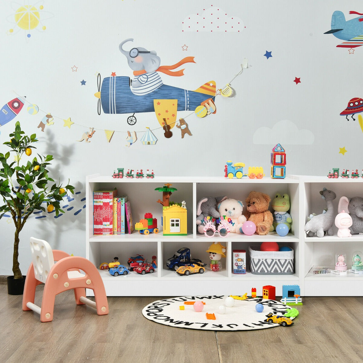 2-Tier Wooden Kids Bookcase with 5 Compartments for Playroom Study-Grey