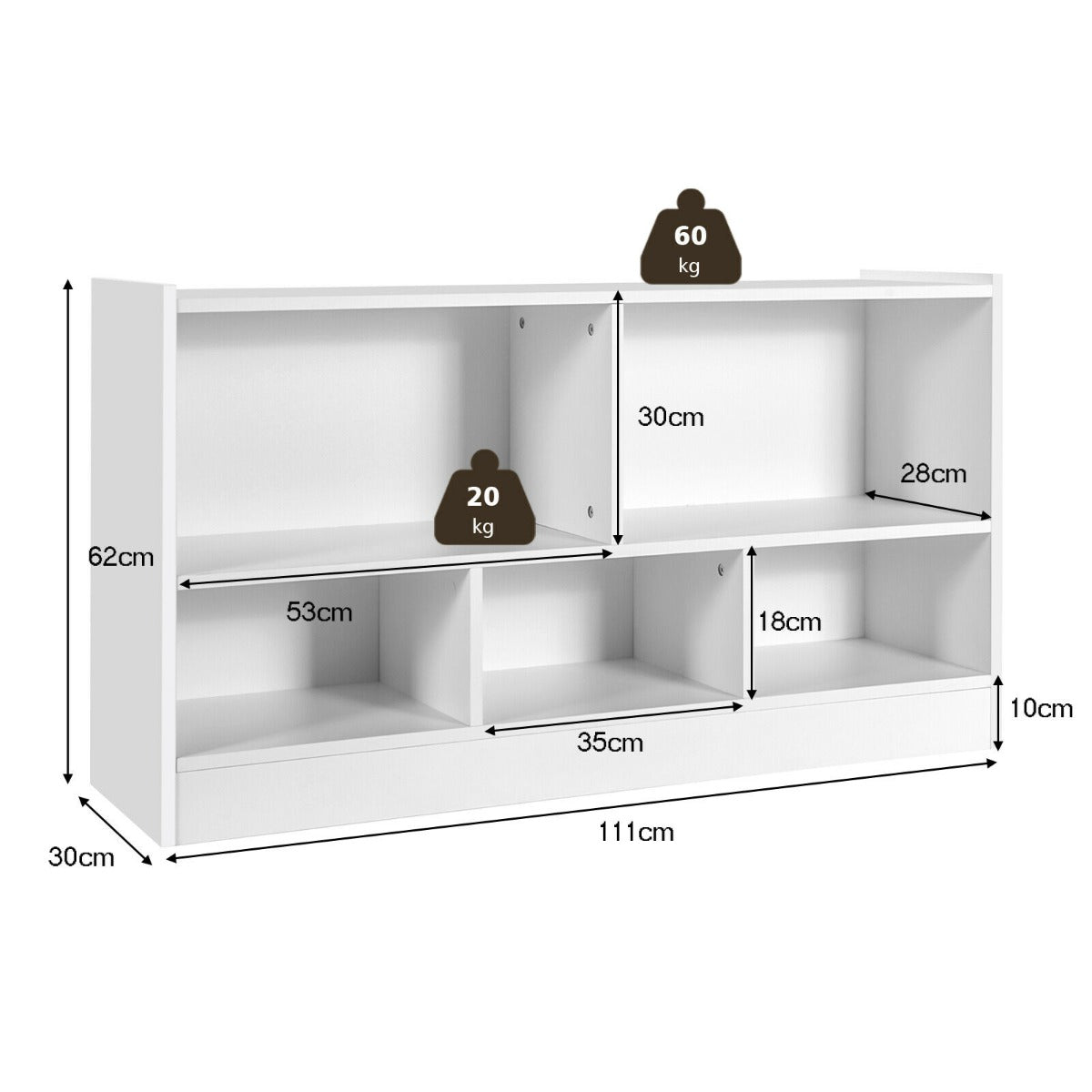 2-Tier Wooden Kids Bookcase with 5 Compartments for Playroom Study-Grey