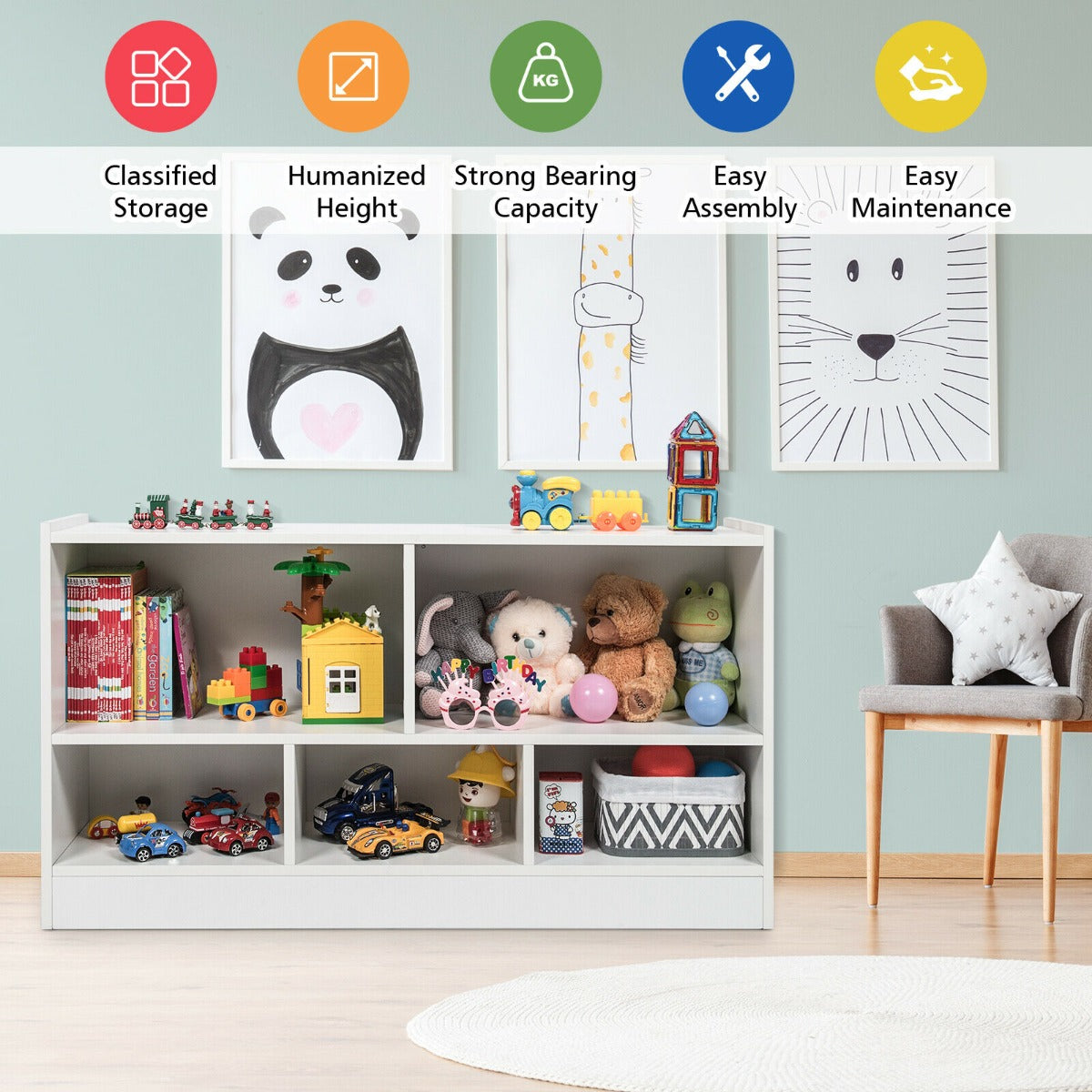2-Tier Wooden Kids Bookcase with 5 Compartments for Playroom Study-Grey