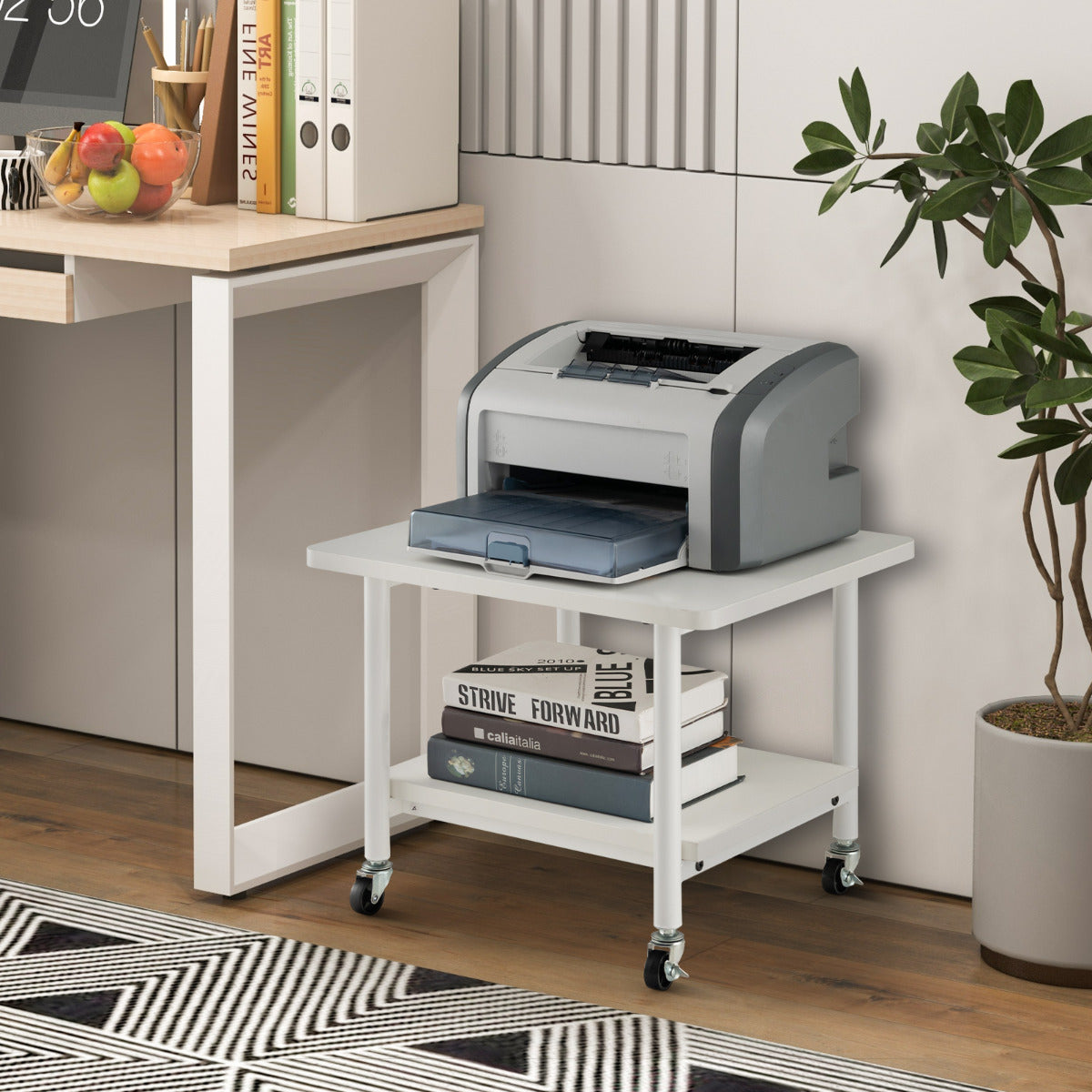 2 Tier Wooden Printer Stand with 360° Swivel Casters-White