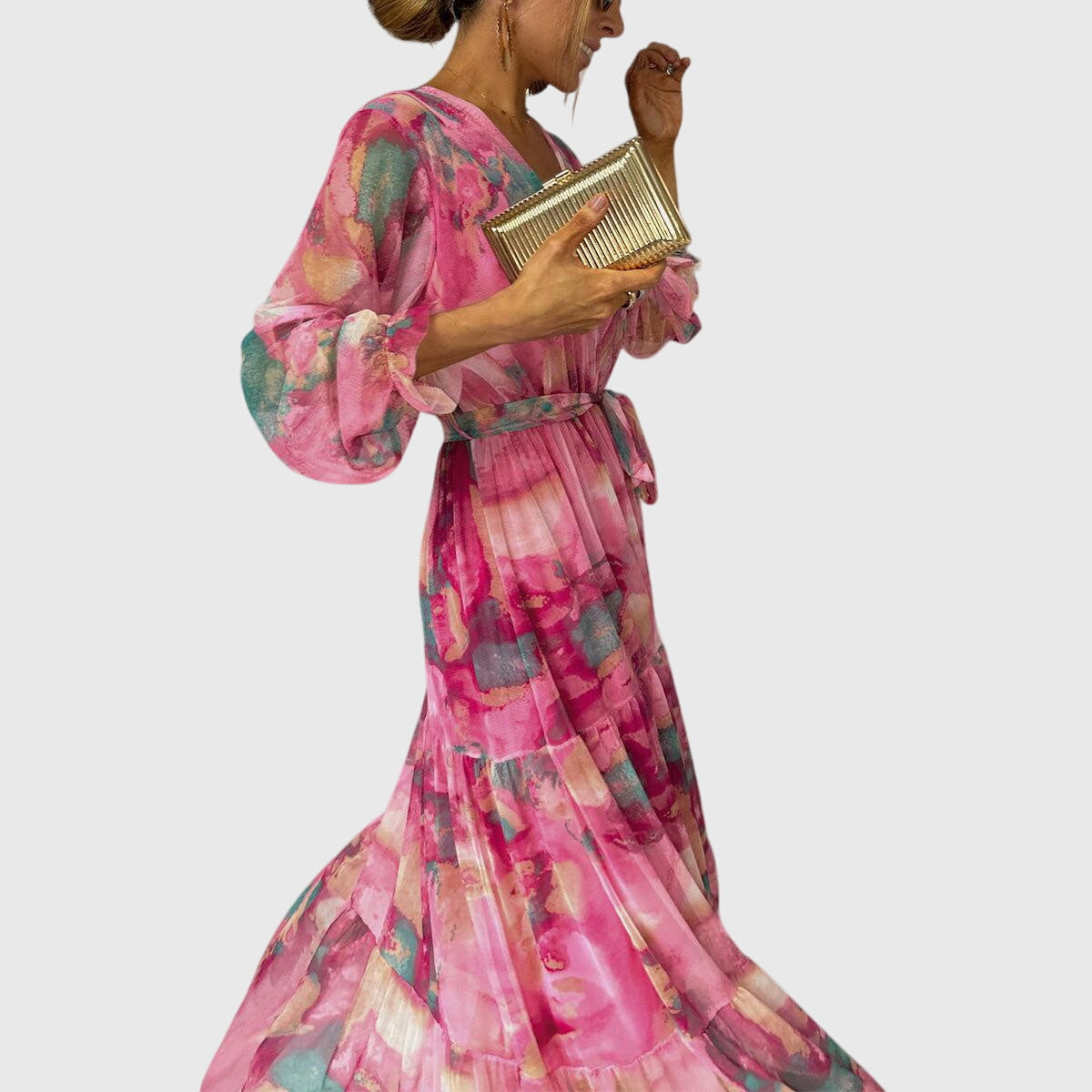Amber - Floral Print Wrap Maxi Dress with Long Sleeves