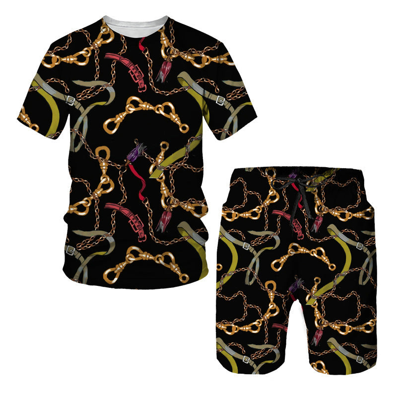Men's Chain Pattern Digital Printed T-Shirt & Shorts, Two-Pieces Set