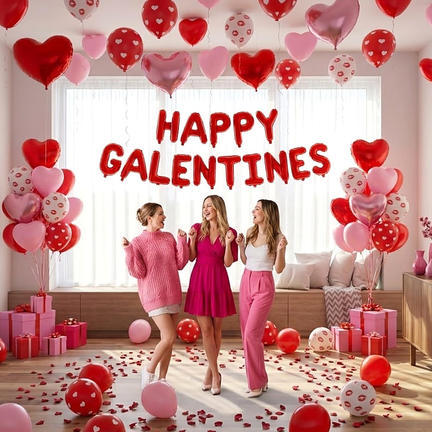 CboDeco Happy Galentines Day Decorations Kit – Red Banner, Hearts & Balloons for Galentine's Party