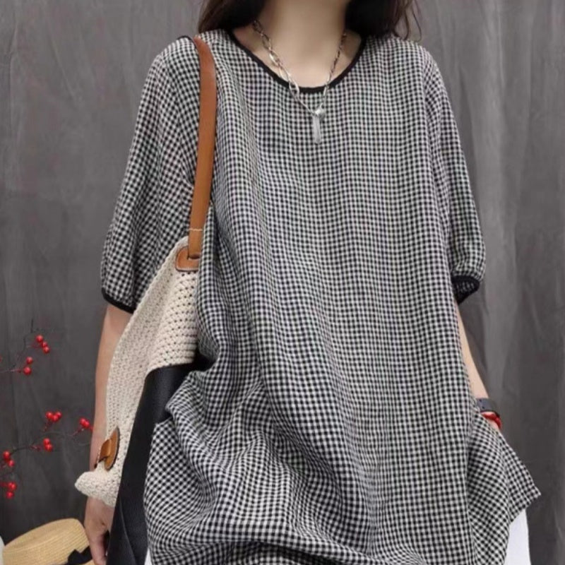 New Vintage-style Loose-fitting Oversized Artistic Top Plaid Casual Versatile Mid-sleeve Shirt