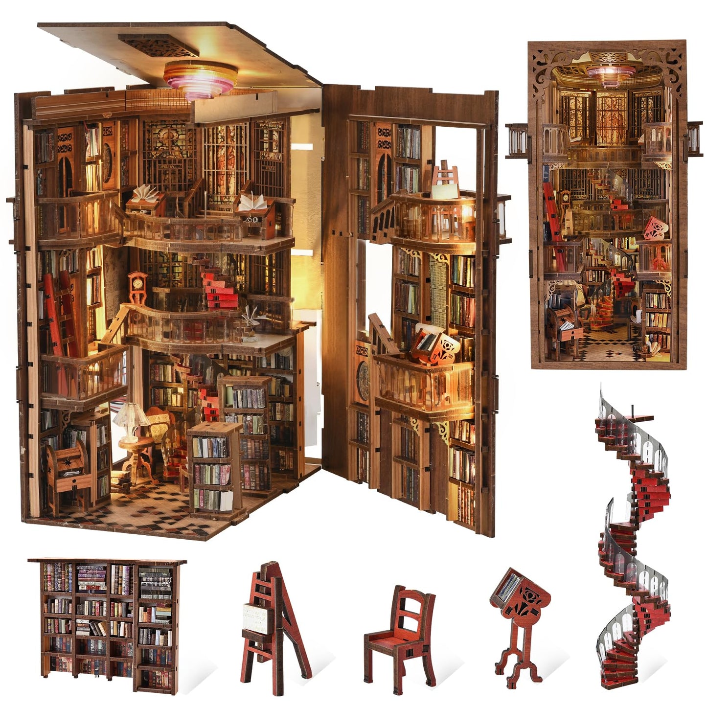 CCCDF Abbey Library Book Nook Kit – DIY 3D Wooden Dollhouse Bookend with LED Light
