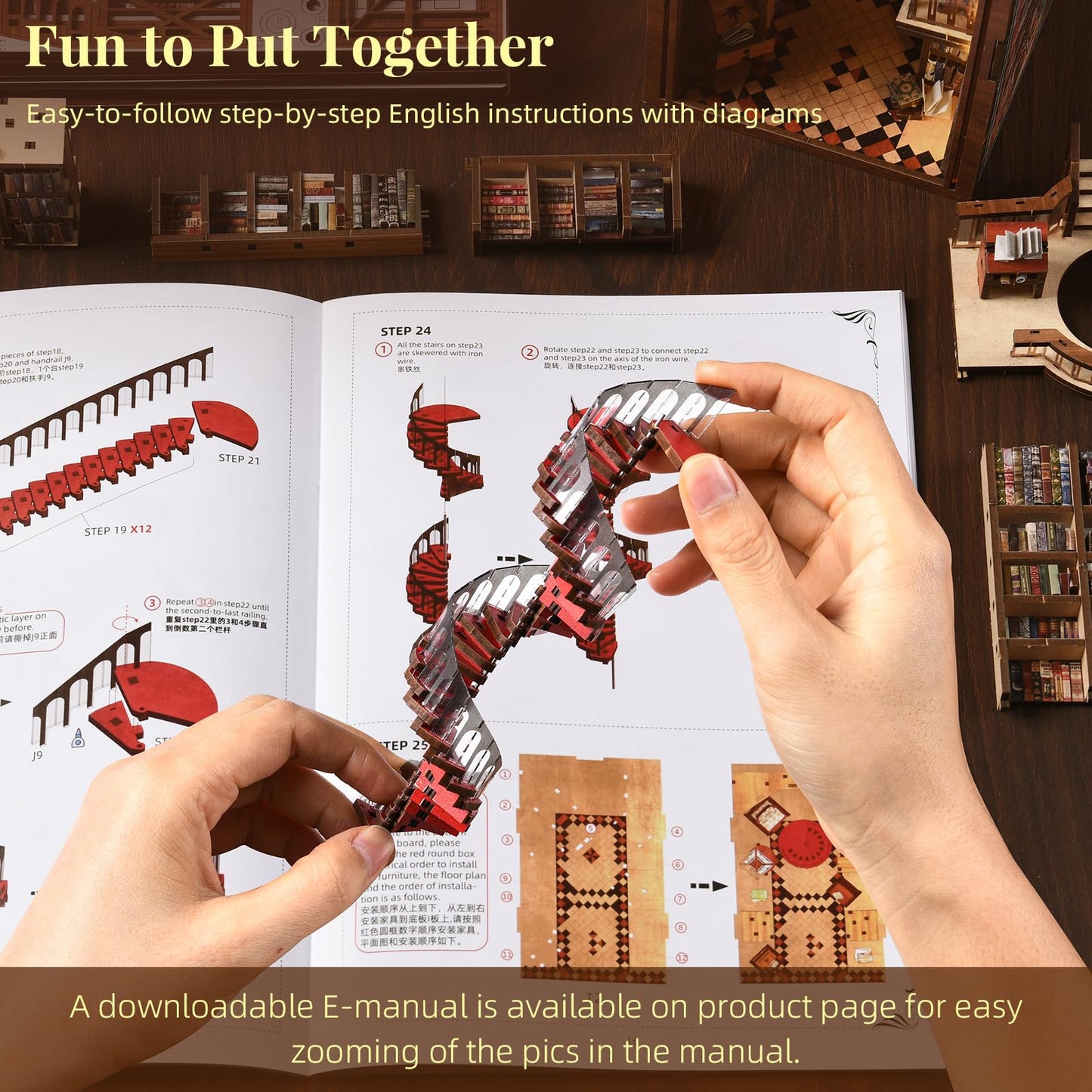 CCCDF Abbey Library Book Nook Kit – DIY 3D Wooden Dollhouse Bookend with LED Light