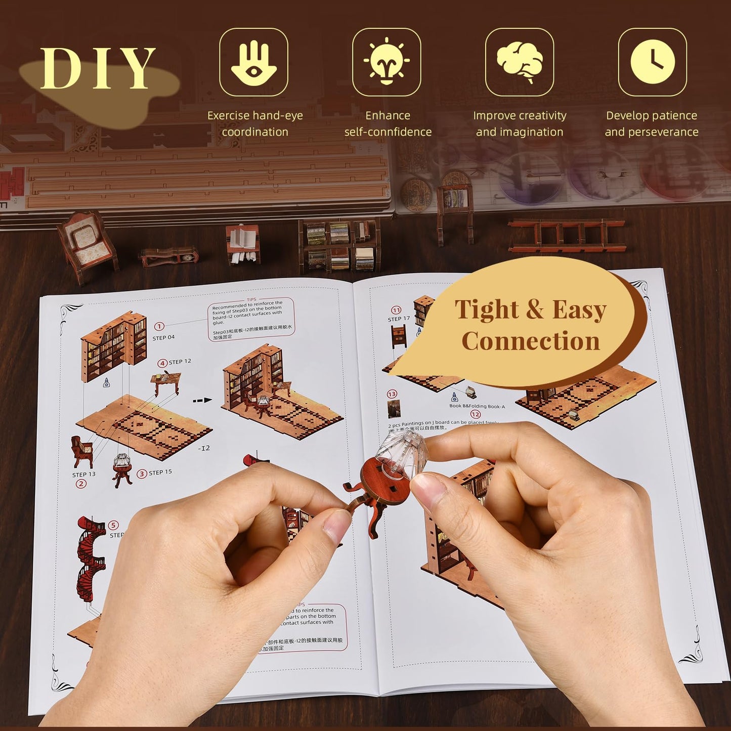 CCCDF Book Nook Kit – Abbey Library DIY Miniature Dollhouse with LED Light