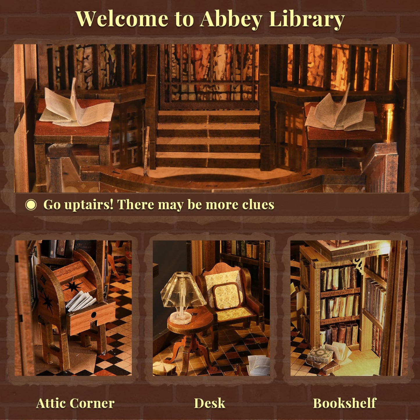 CCCDF Book Nook Kit – Abbey Library DIY Miniature Dollhouse with LED Light