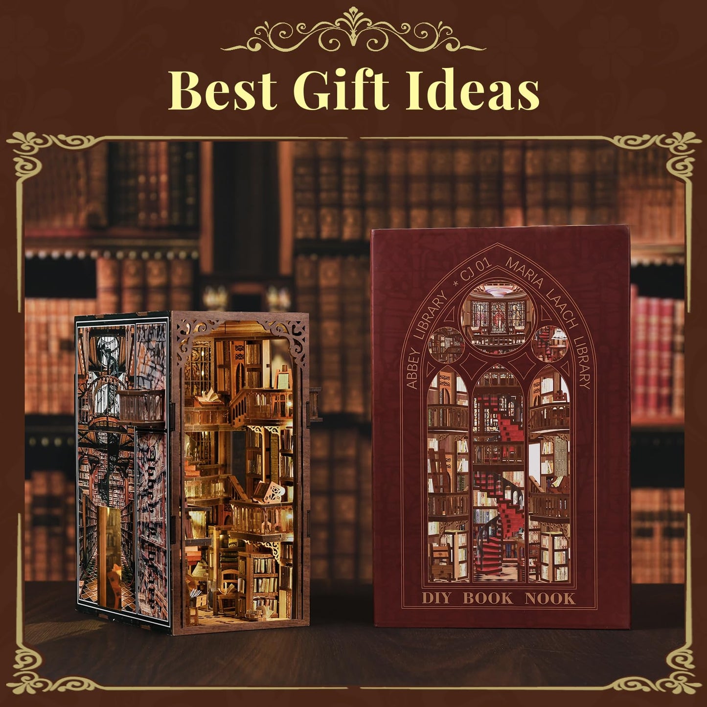 CCCDF Abbey Library Book Nook Kit – DIY 3D Wooden Dollhouse Bookend with LED Light