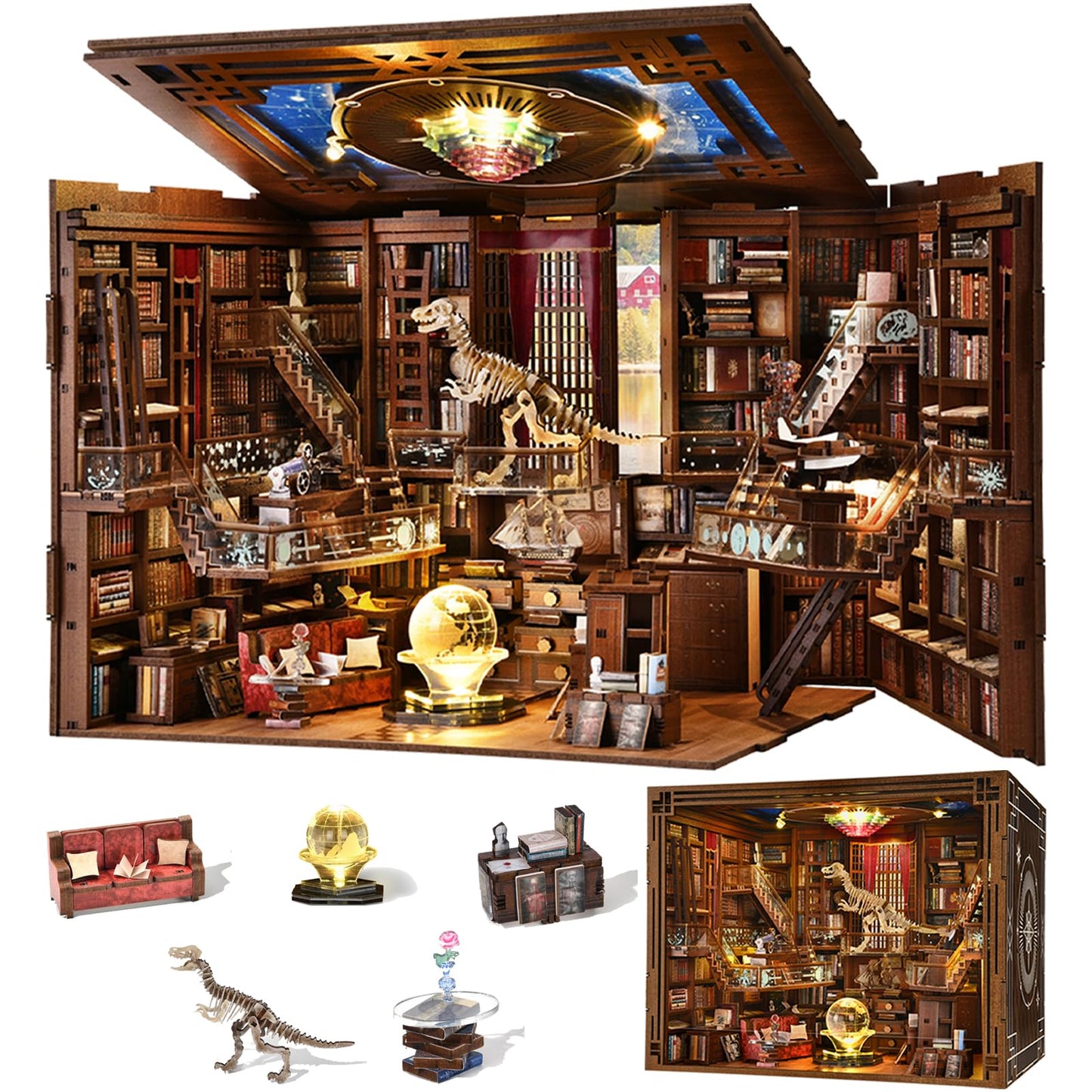 CCCDF DIY Book Nook Kit — 3D Wooden Library Puzzle with LED Light (Beyond Library Max)