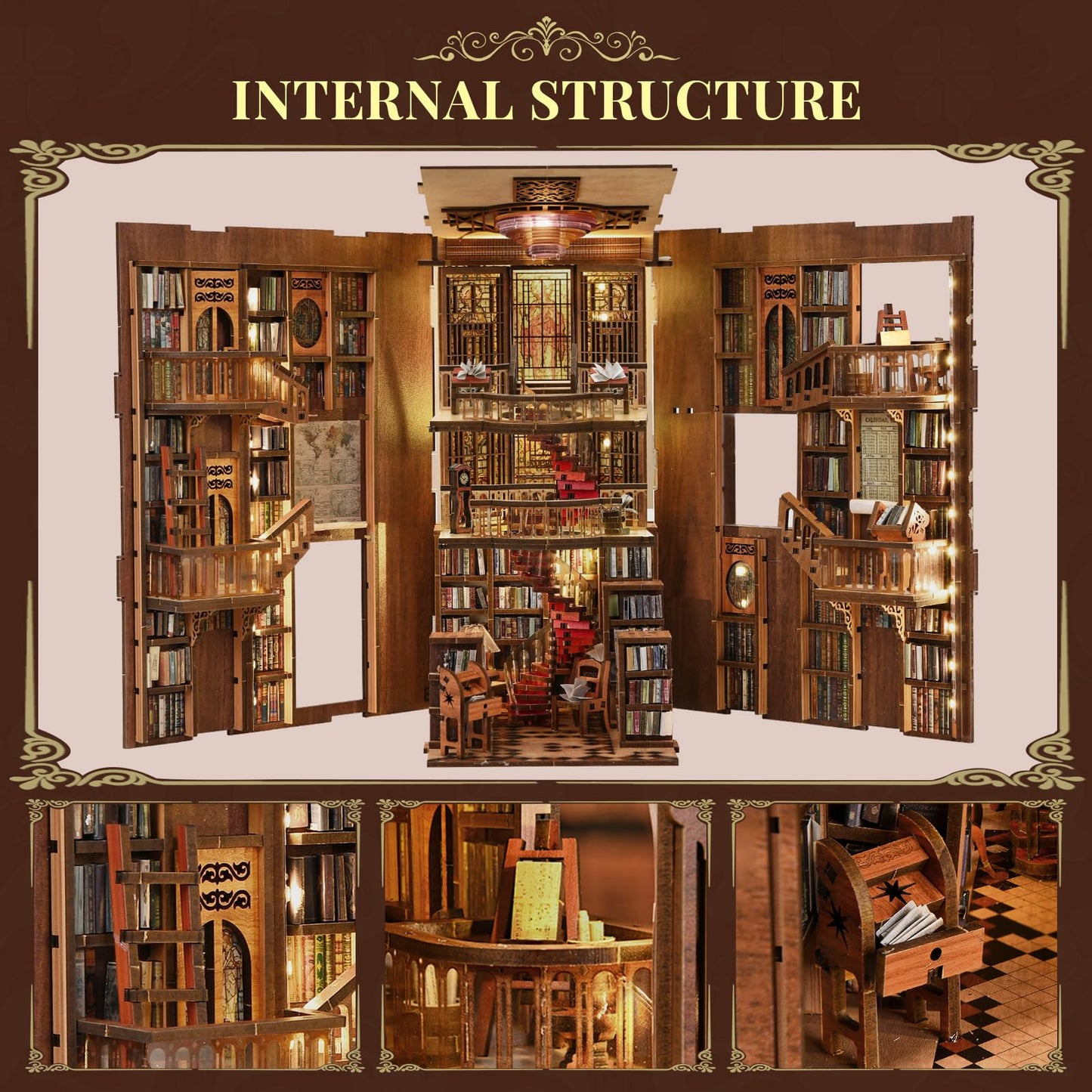 CCCDF Abbey Library Book Nook Kit – DIY 3D Wooden Dollhouse Bookend with LED Light