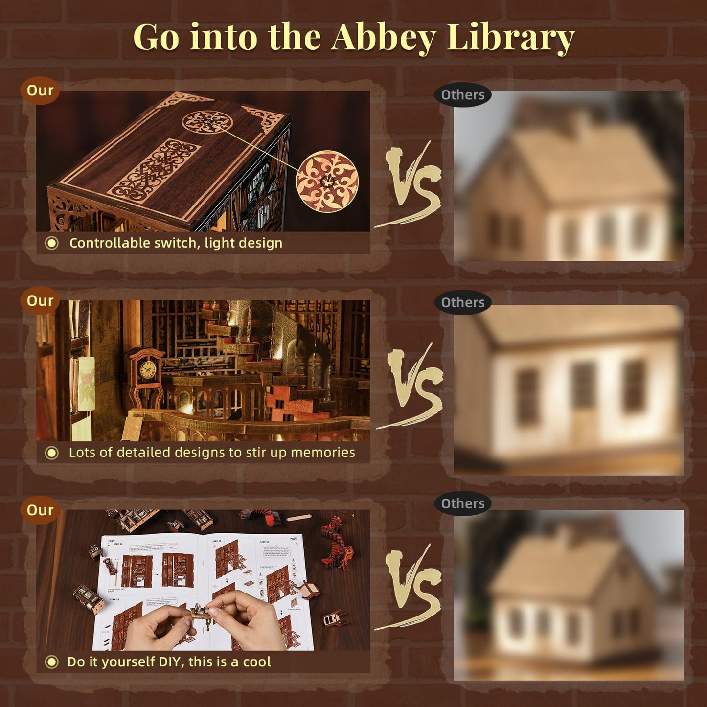 CCCDF Abbey Library Book Nook Kit – DIY 3D Wooden Dollhouse Bookend with LED Light