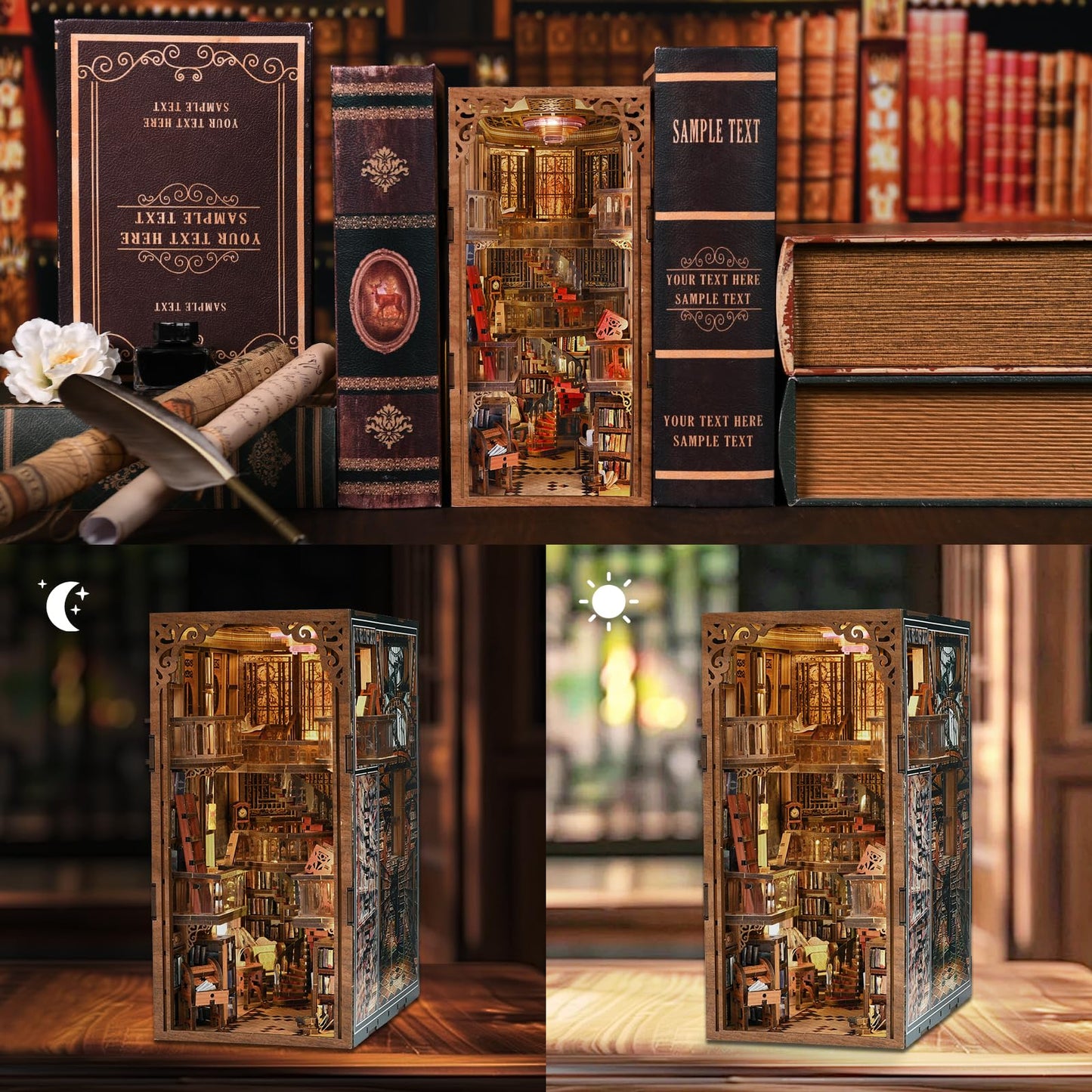 CCCDF Abbey Library Book Nook Kit – DIY 3D Wooden Dollhouse Bookend with LED Light