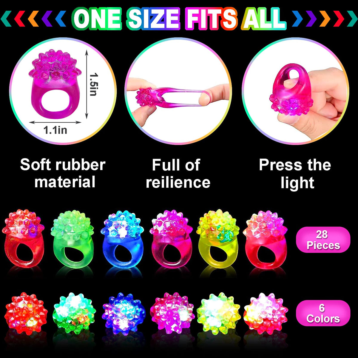CCINEE 28Pcs Light Up Rings – Colorful LED Jelly Rings for Parties, Prizes & Gifts
