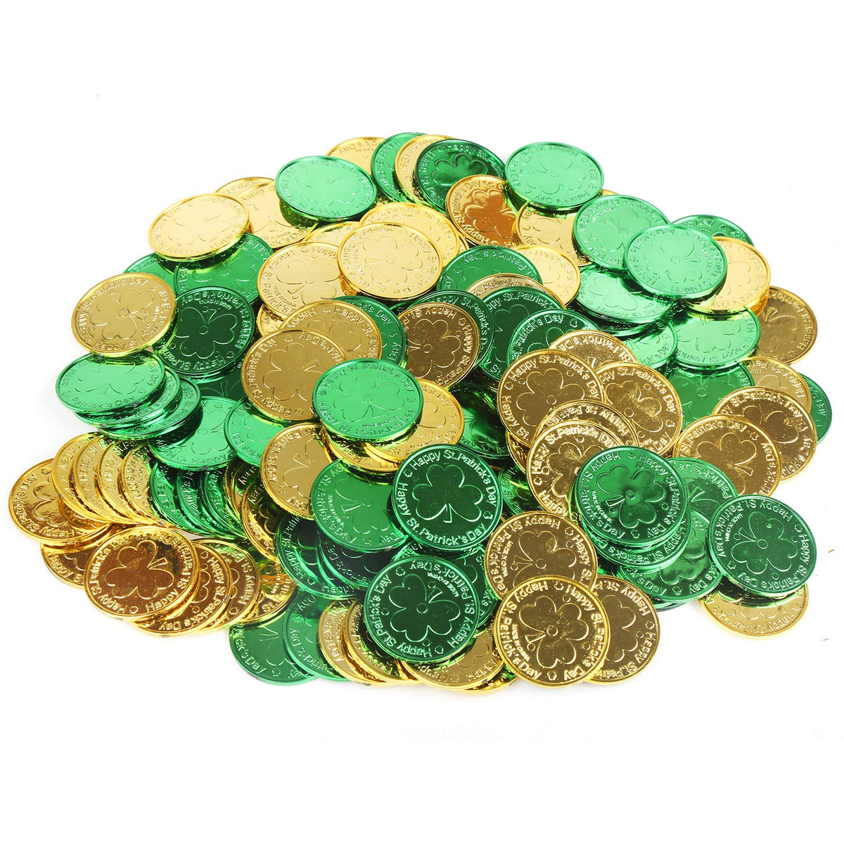 CCINEE St. Patrick's Lucky Shamrock Coins – 144 Gold & Green Plastic Coins for Party Favors & Decor