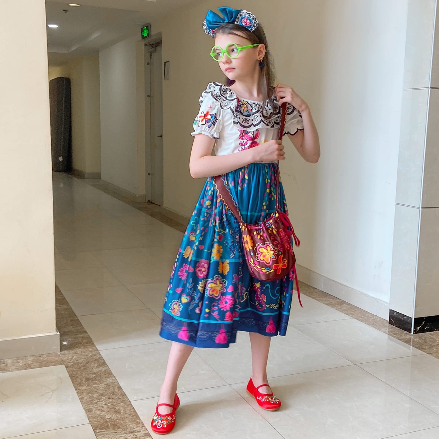 CCJRLM Encanto Dress – Mirabel Costume for Girls 3-10 Years (Includes Glasses, Earrings, Bag)