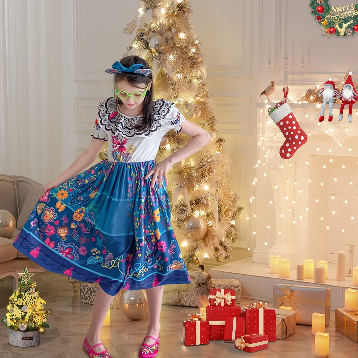 CCJRLM Encanto Dress – Mirabel Costume for Girls 3-10 Years (Includes Glasses, Earrings, Bag)