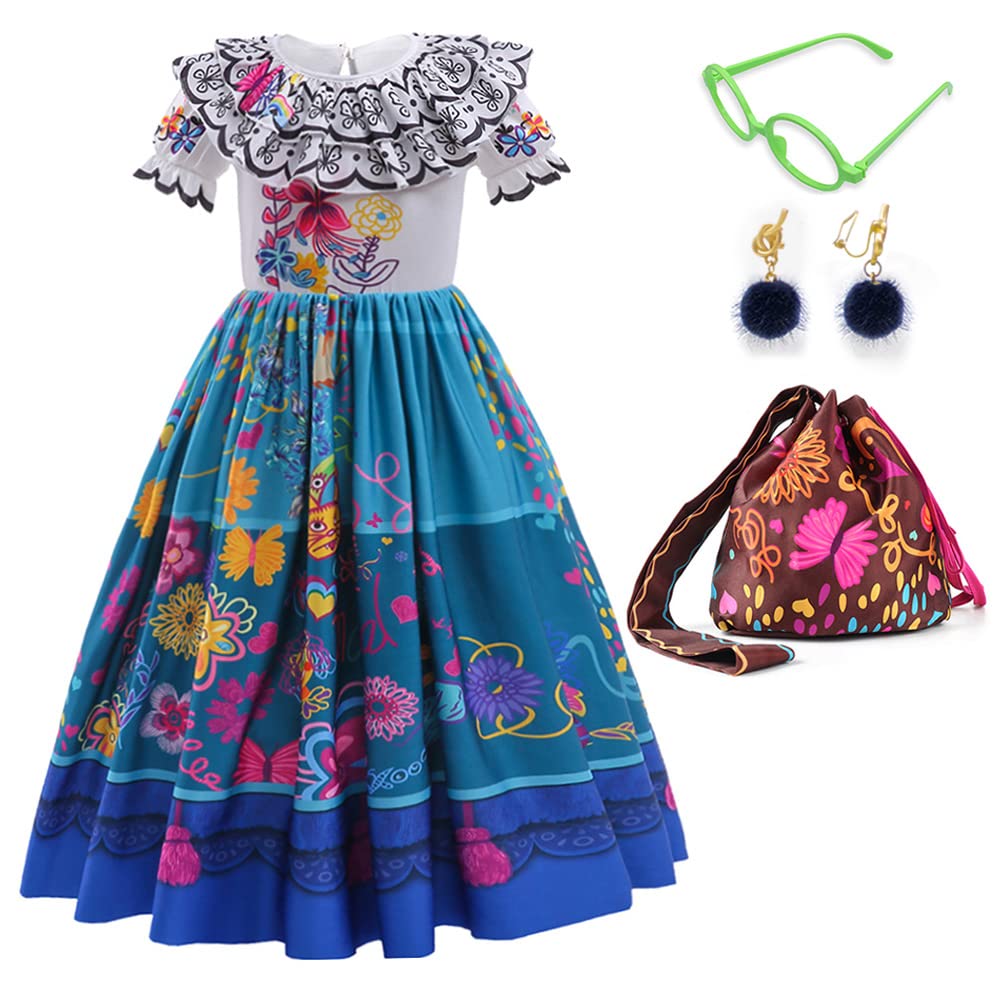 CCJRLM Encanto Dress – Mirabel Costume for Girls 3-10 Years (Includes Glasses, Earrings, Bag)