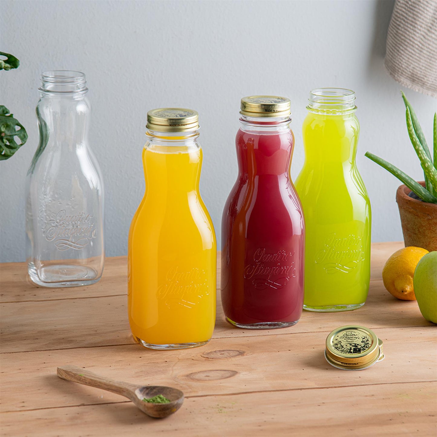 1L Quattro Stagioni Glass Juice Bottles with Screw Top Lid - Pack of 3
